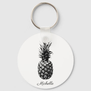 Elegant black and white Tropical  Pineapple Custom Key Ring
