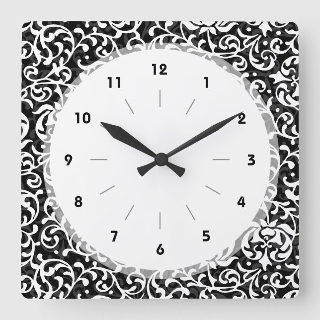 Elegant Black and White Tudor Gardens Floral Square Wall Clock (Front)