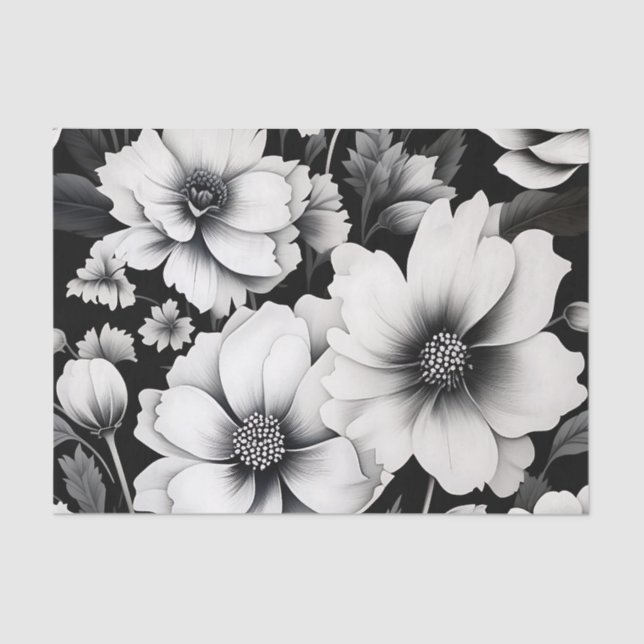 Elegant Black and White Watercolor Floral  Tissue Paper (Front)