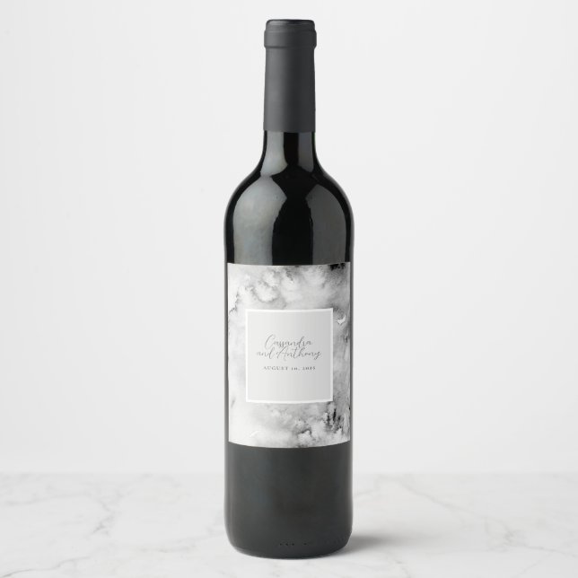 Elegant Black and White Watercolor Marble Bliss  Wine Label (Front)