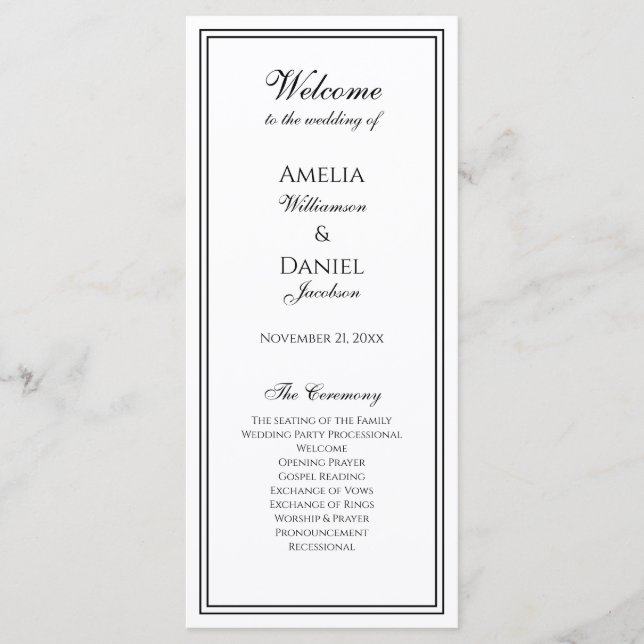 Elegant Black and White Wedding Ceremony Program Programme (Front)