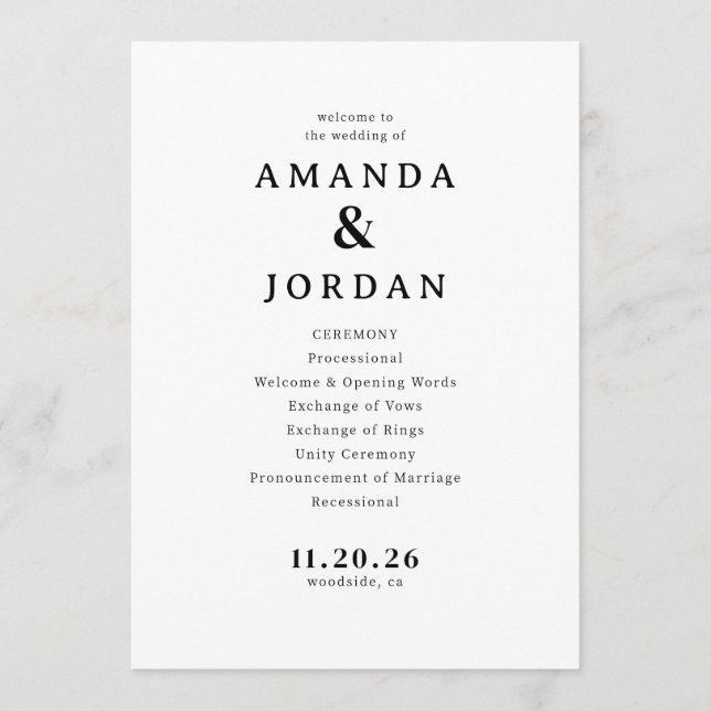 Elegant Black and White Wedding Ceremony Schedule Programme (Front)