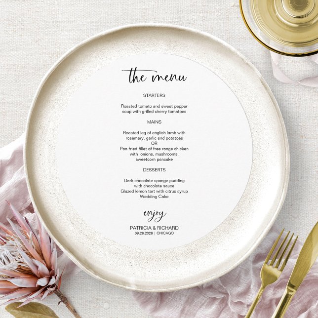 Elegant Black And White Wedding Circle Menu Cards (Creator Uploaded)