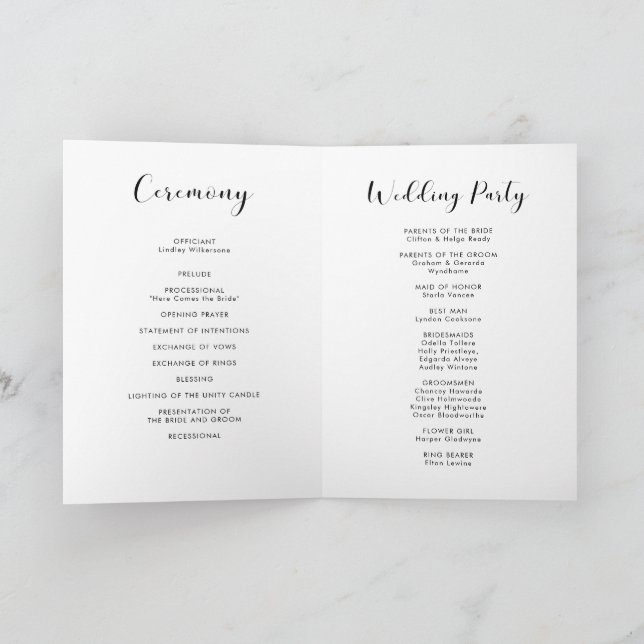 Elegant black and white wedding folded programme (Inside)