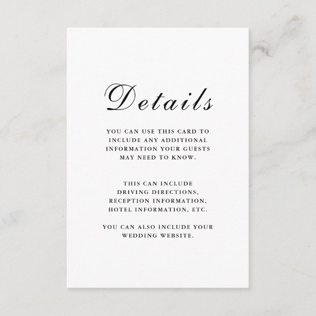 Elegant Black and White Wedding Guest Details Enclosure Card (Front)