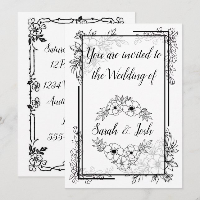 Elegant Black and White Wedding Invitation (Front/Back)