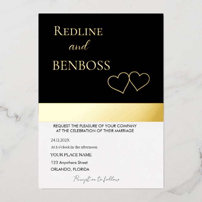 Elegant Black and white Wedding Invitation Gold (Front)