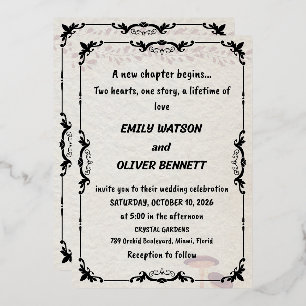 Elegant black and white wedding invitation, ornate