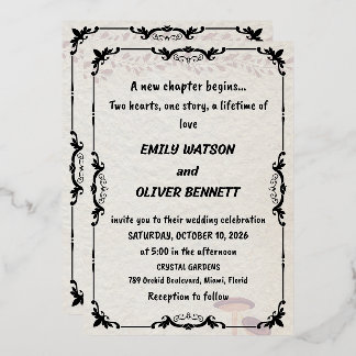 Elegant black and white wedding invitation, ornate