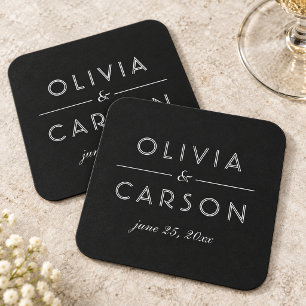 Elegant Black and White Wedding Monogram Square Paper Coaster