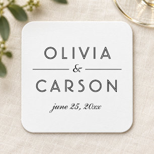 Elegant Black and White Wedding Monogram Square Paper Coaster