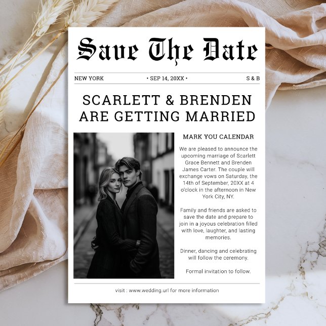Elegant Black and White Wedding Newspaper Photo Save The Date (Creator Uploaded)