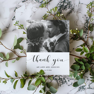 Elegant black and white wedding photo thank you card