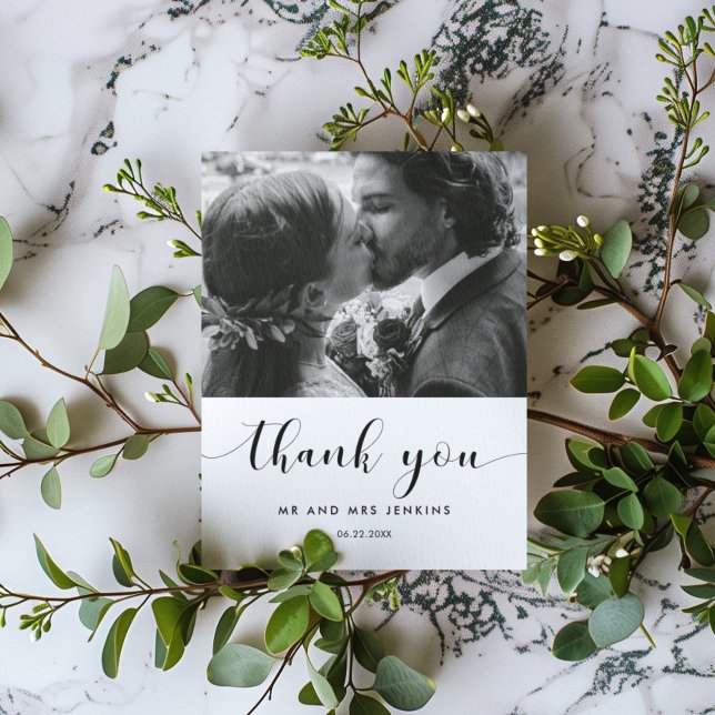 Elegant black and white wedding photo thank you card (Creator Uploaded)