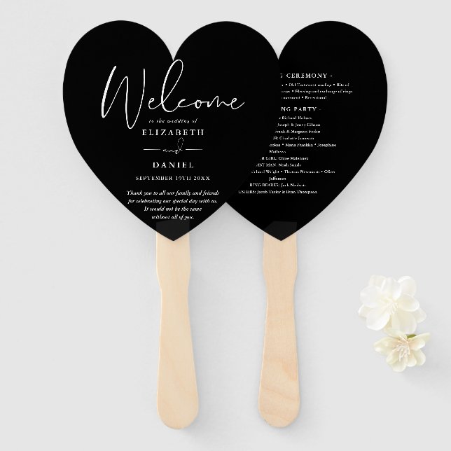 Elegant Black And White Wedding Program Heart Hand Fan (Front and Back)