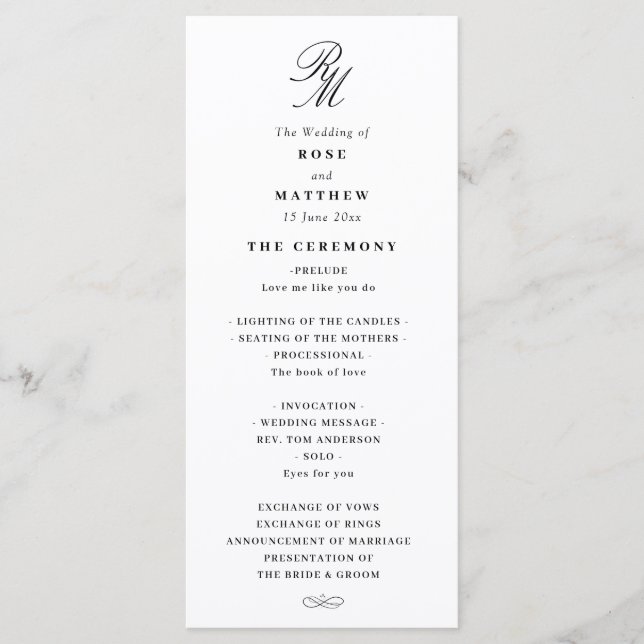 Elegant black and white wedding program programme (Front)