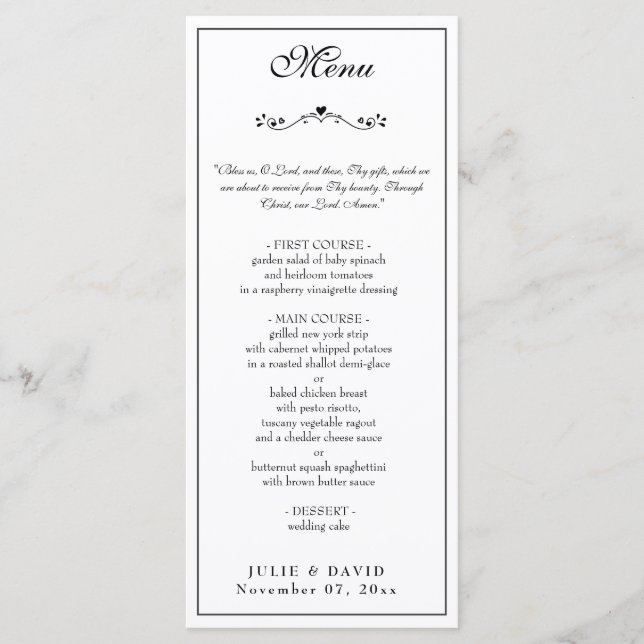 Elegant Black and White Wedding Religious Menu (Front)