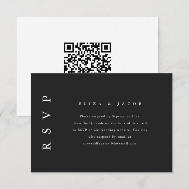 Elegant Black and White Wedding RSVP with QR Code Card (Front/Back)
