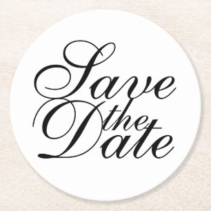 Elegant Black and White Wedding Save the Date Round Paper Coaster
