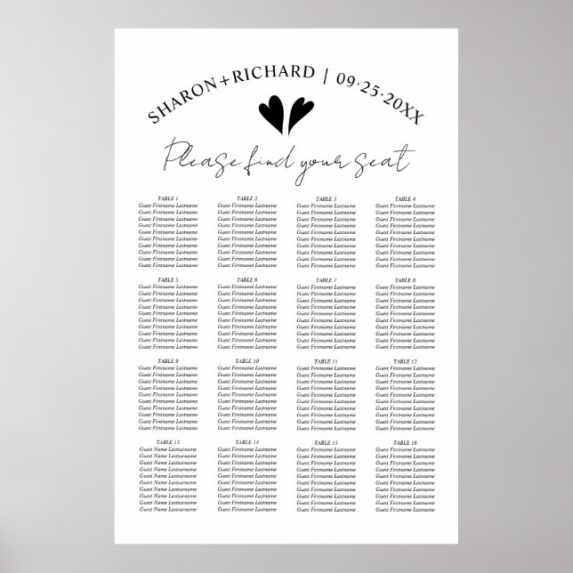 Elegant black and white wedding seating chart (Front)