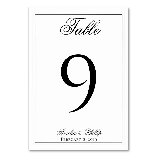 Elegant Black and White Wedding Table Numbers (Front)