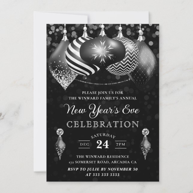 Elegant Black and White Winter Baubles New Year Invitation (Front)