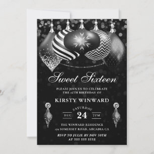 Elegant Black and White Winter Baubles Sweet 16 Invitation