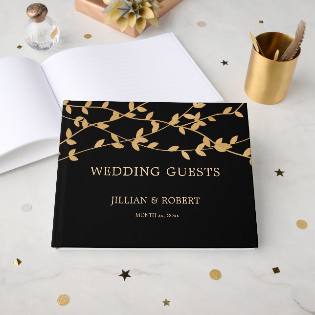 Elegant Black and White with Gold Leaves Wedding Guest Book (Front Open)