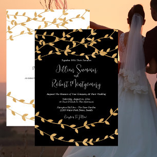 Elegant Black and White with Gold Leaves Wedding Invitation