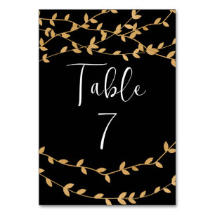 Elegant Black and White with Gold Leaves Wedding Table Number