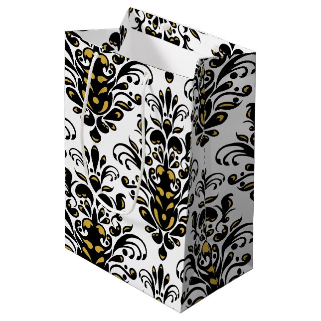 Elegant  black and white with touch of gold damask medium gift bag (Front Angled)