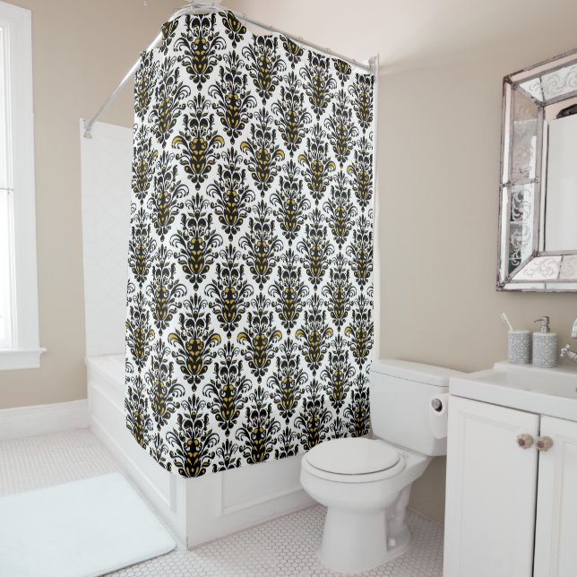 Elegant  black and white with touch of gold damask shower curtain (In Situ)