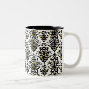 Elegant  black and white with touch of gold damask Two-Tone coffee mug