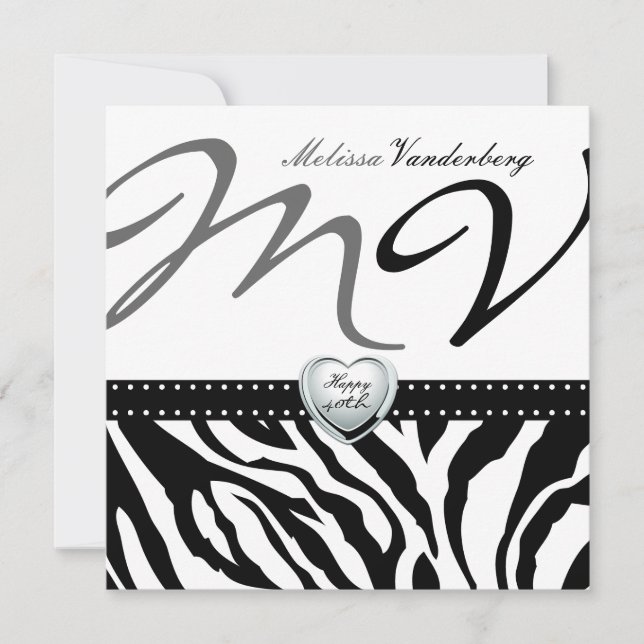 Elegant black and white Zebra Happy 40th Bithday Invitation (Front)
