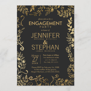 Elegant Black and Yellow Gold Floral Engagement Invitation