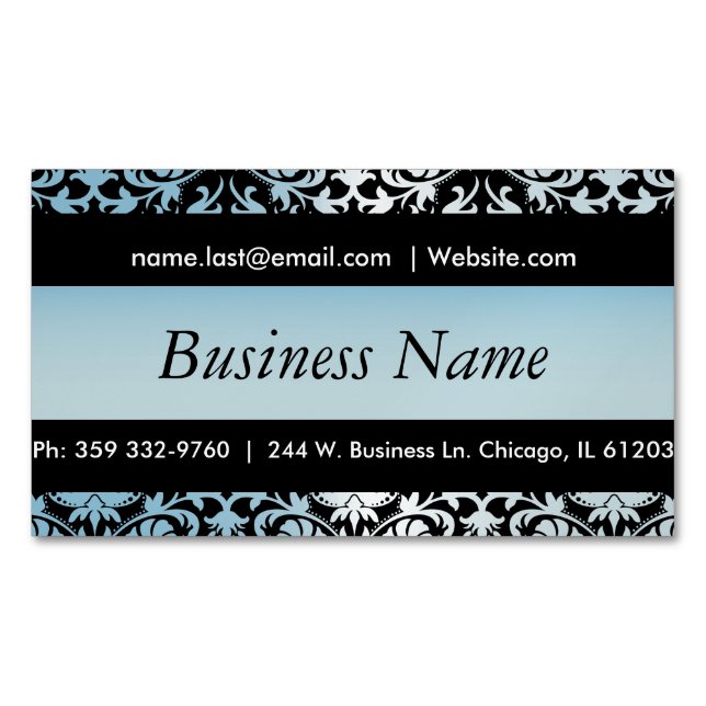 Elegant Black & Aqua Blue Damask Design Magnetic Business Card (Front)