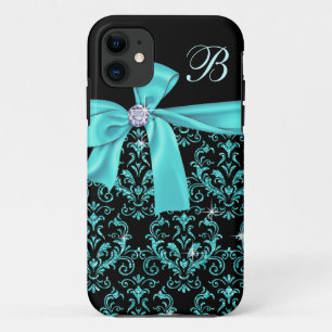 Elegant Black Aqua Damask Diamond Bow Monogram Case-Mate iPhone Case