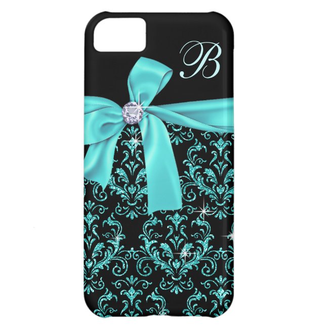 Elegant Black Aqua Damask Diamond Bow Monogram Case-Mate iPhone Case (Back)