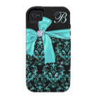 Elegant Black Aqua Damask Diamond Bow Monogram