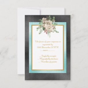 ELEGANT BLACK AQUA EMBOSSED  FLORAL CUSTOM RSVP