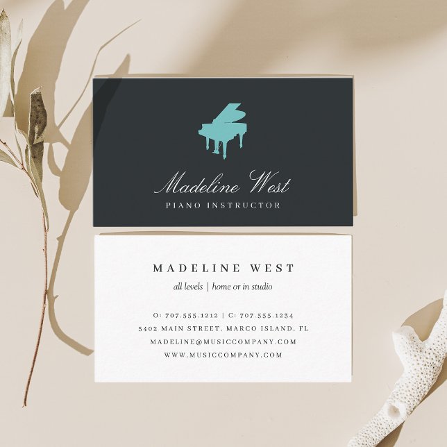 Elegant Black & Aqua Piano Instructor Business Card (Creator Uploaded)