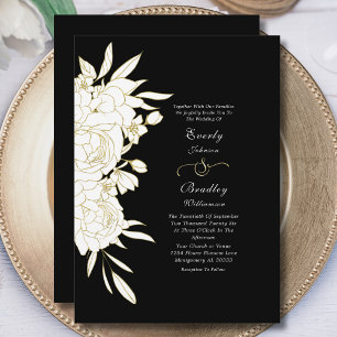 Elegant Black Background Gold White Floral Wedding Invitation