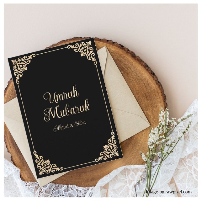 Elegant Black Baroque Umrah Mubarak Greeting Card (Creator Uploaded)