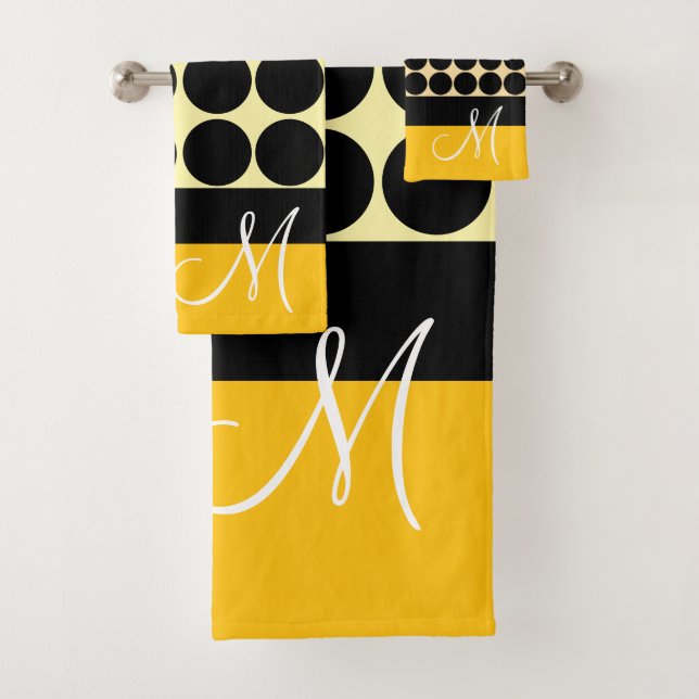 Elegant black  beige &  yellow dots monogram name bath towel set (Insitu)