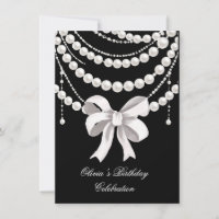 Elegant Black Birthday Invitation with White Pearl