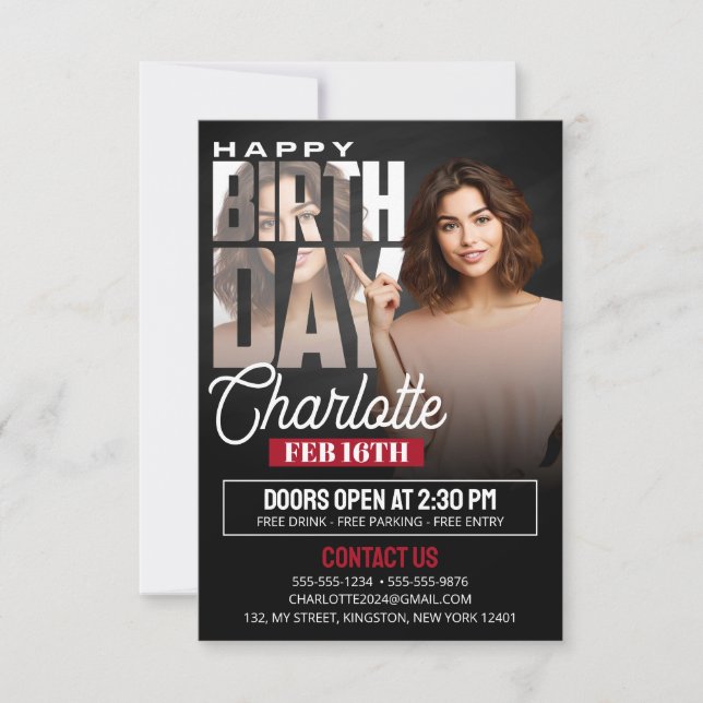 Elegant Black Birthday Party Flyer with Photo Invitation (Front)