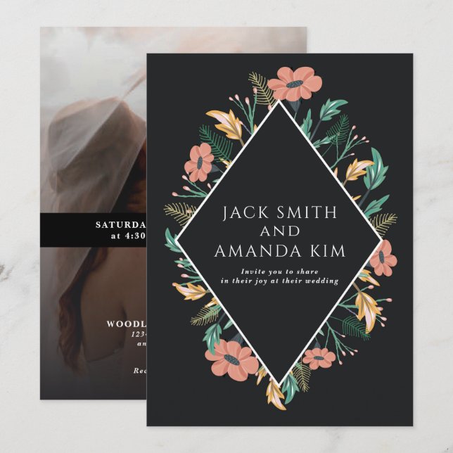 Elegant Black Blooming Flower Wedding Invitations (Front/Back)