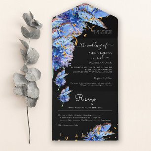 Elegant Black Blue Butterflies Wedding All In One Invitation