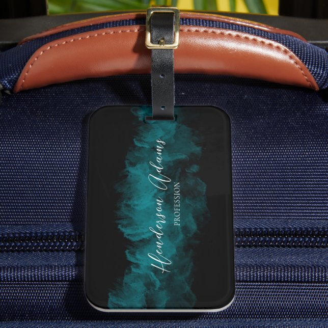 Elegant Black Blue Cloudy Abstract Signature Luggage Tag (Front Insitu 2)