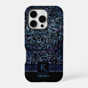 Elegant Black Blue Floral Monogram iPhone 16 Pro Case